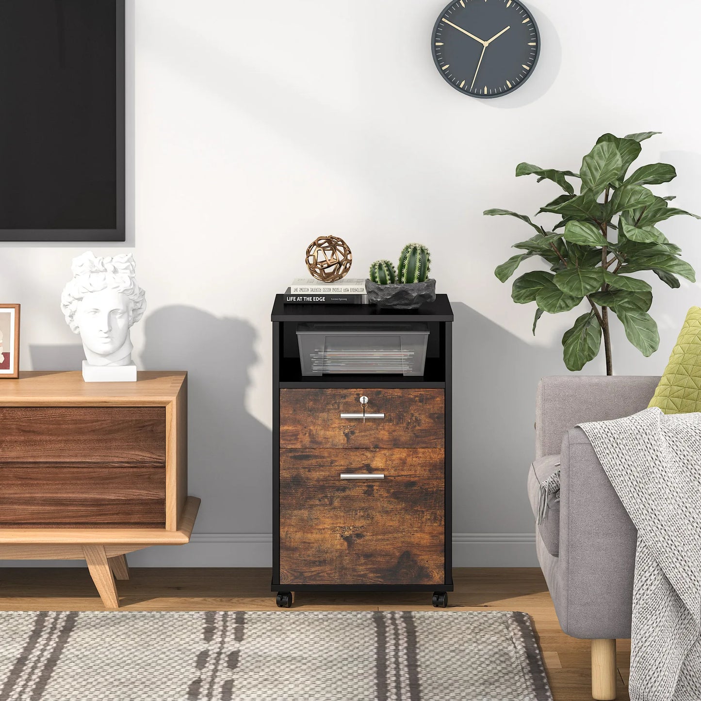 MonoWood 2 Drawer Mobile File Cabinet with Lock, Wood Filing Cabinet, Printer Stand with Wheels and Storage Shelf