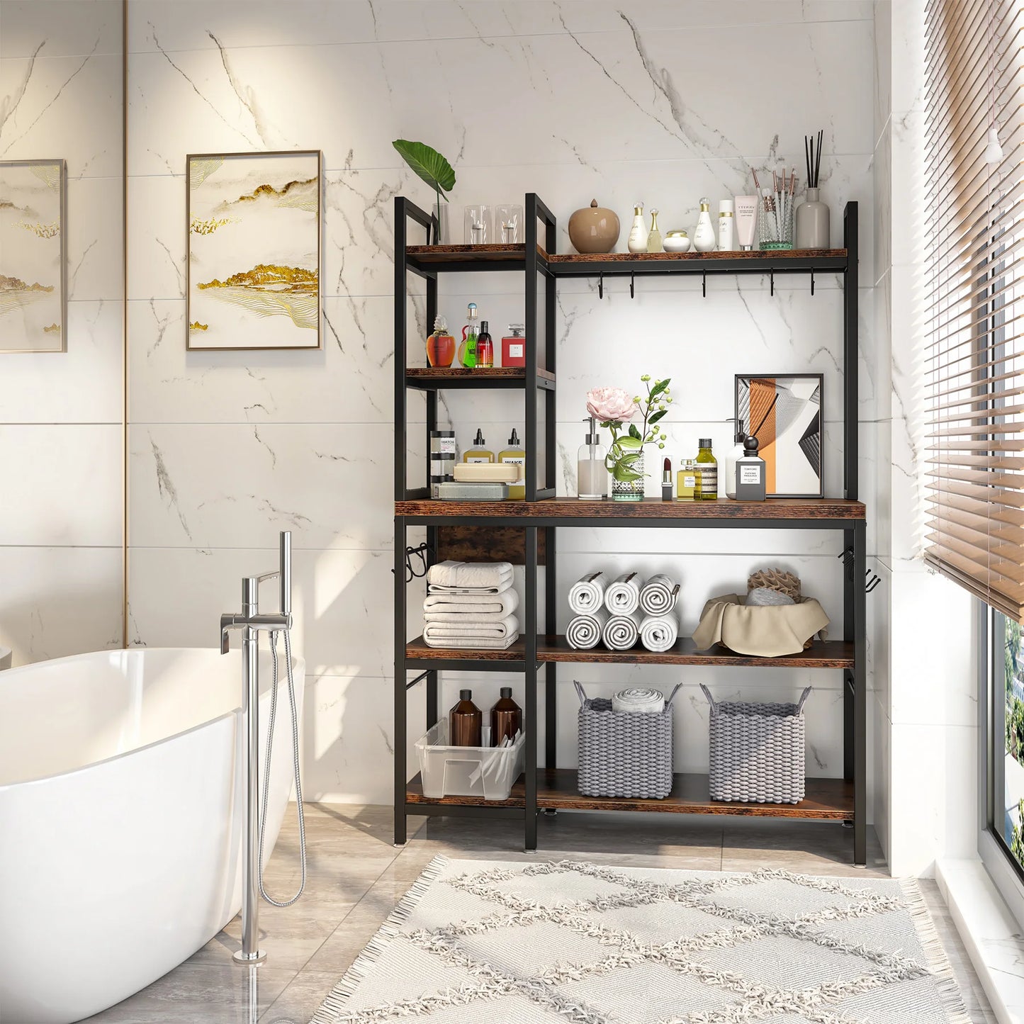 MonoWood Kitchen Bakers Rack with Storage, 43 inch Microwave Stand 5-Tier Kitchen Utility Storage Shelf Rack with 10 Hooks