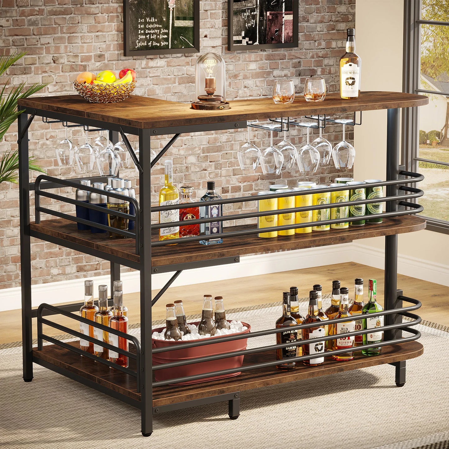 MonoWood L-Shaped Home Bar Unit, 3 Tier Liquor Bar Table with Storage Shelves and Wine Glasses Holder