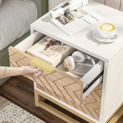 MonoWood 3 Drawers Nightstand Set of 2, Modern Bedside Table with Unique Chevron Design, White End Side Table Night Stands