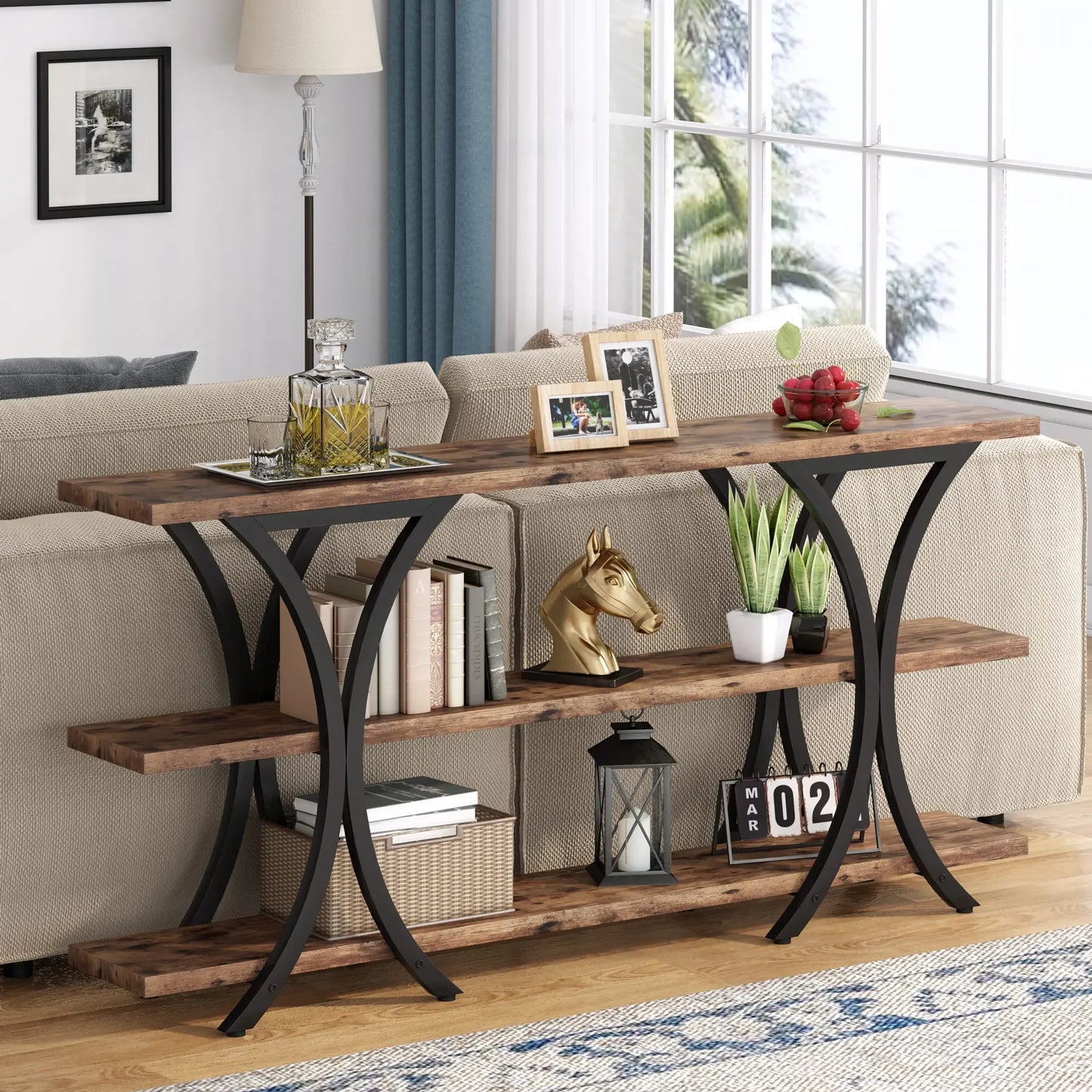 MonoWood 70.8 Inch Narrow Console Table, Long Sofa Table Entry Table with 3 Tier Storage Shelves