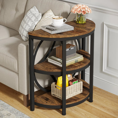 MonoWood Half Round End Table for Living Room, 3-Tier Half Side Table with Metal Frame, Industrial Table with Storage