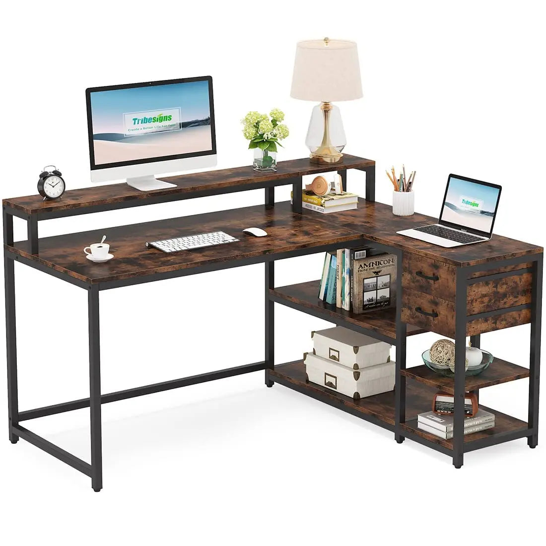 MonoWood Reversible L Shaped Desk with Drawer, Industrial Corner Desk Home Office Table with Shelves and Monitor Stand