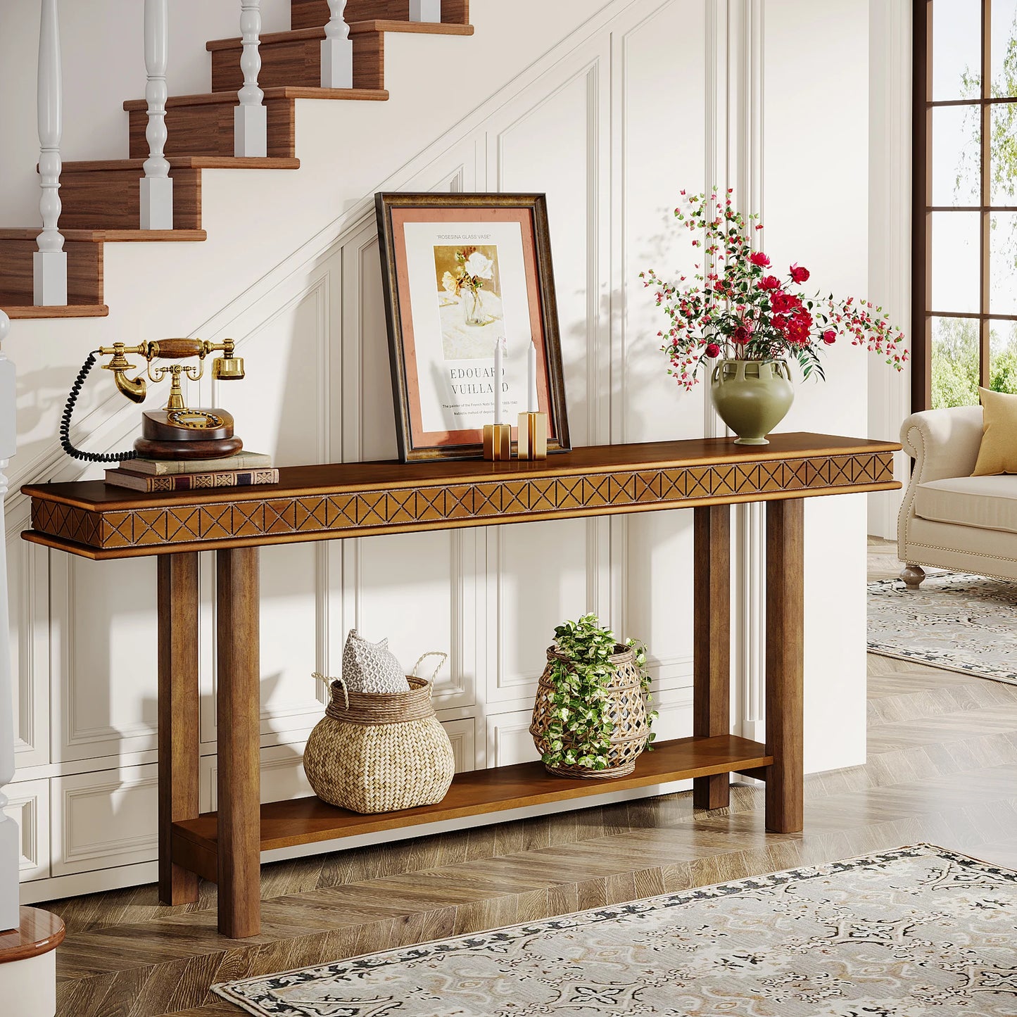 MonoWood 70.9-Inch Extra Long Console Table, Wood Sofa Table Behind Couch Narrow Long, 2-Tier Entryway Table with Storage