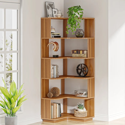 MonoWood 6 Tier Corner Bookshelf, 64.96 Inch Tall Industrial Corner Bookcase with Anti-Drop Panel,Wood Grain Corner Shelf