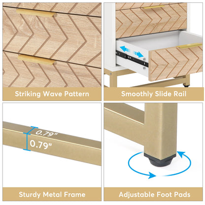 MonoWood 3 Drawers Nightstand Set of 2, Modern Bedside Table with Unique Chevron Design, White End Side Table Night Stands