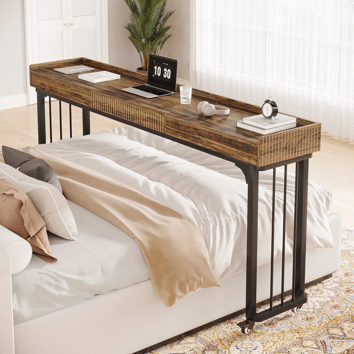 MonoWood 78.8-Inch Large Over Bed Table with Wheels, Mobile Computer Desk Makeup Vanity Desk with Storage