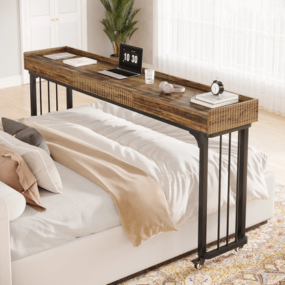 MonoWood 78.8-Inch Large Over Bed Table with Wheels, Mobile Computer Desk Makeup Vanity Desk with Storage