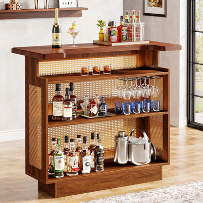 MonoWood Rattan Home Bar Unit, Farmhouse 4-Tier Bar Table with 4 Stemware Racks and Heightened Base, Liquor Wine Bar Cabinet