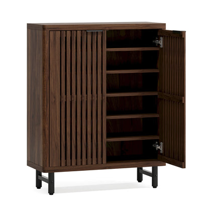 MonoWood 6-Tier Shoe Cabinet with Louvered Doors, Large Wooden Shoe Storage Cabinet with Adjustable Shelves
