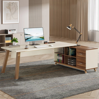 MonoWood 78.7-Inch Executive Desk, L-Shaped Desk with 55-Inch Cabinet, Large Office Desk with Storage Shelves