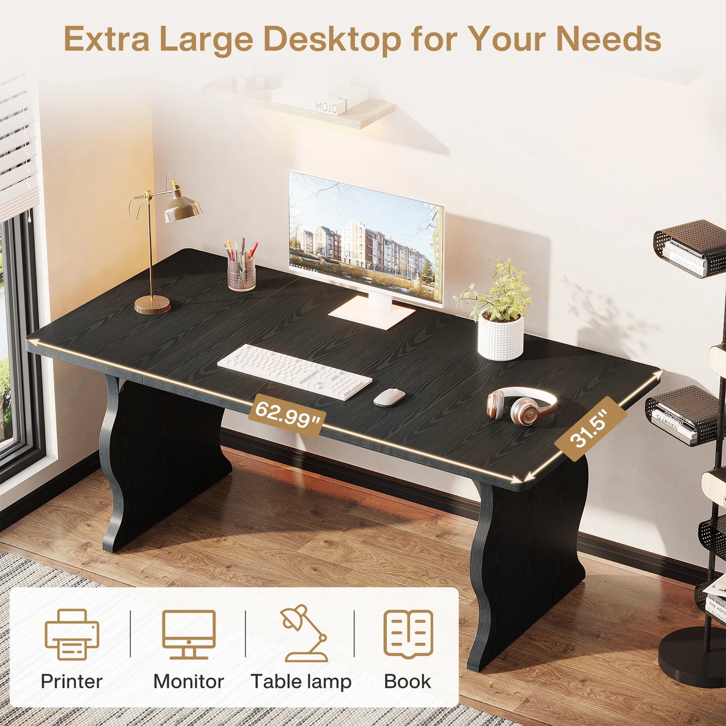 MonoWood 63" Large Executive Desk for Home Office, Spacious Computer Desk with Ample Leg Room, Double PC Gaming Writing Table