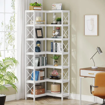 MonoWood WAY TO ORIGIN 7 Shelf Corner Bookcase, Industrial Corner Bookshelf, 7-Tier Tall Corner Shelf Storage Display Rack