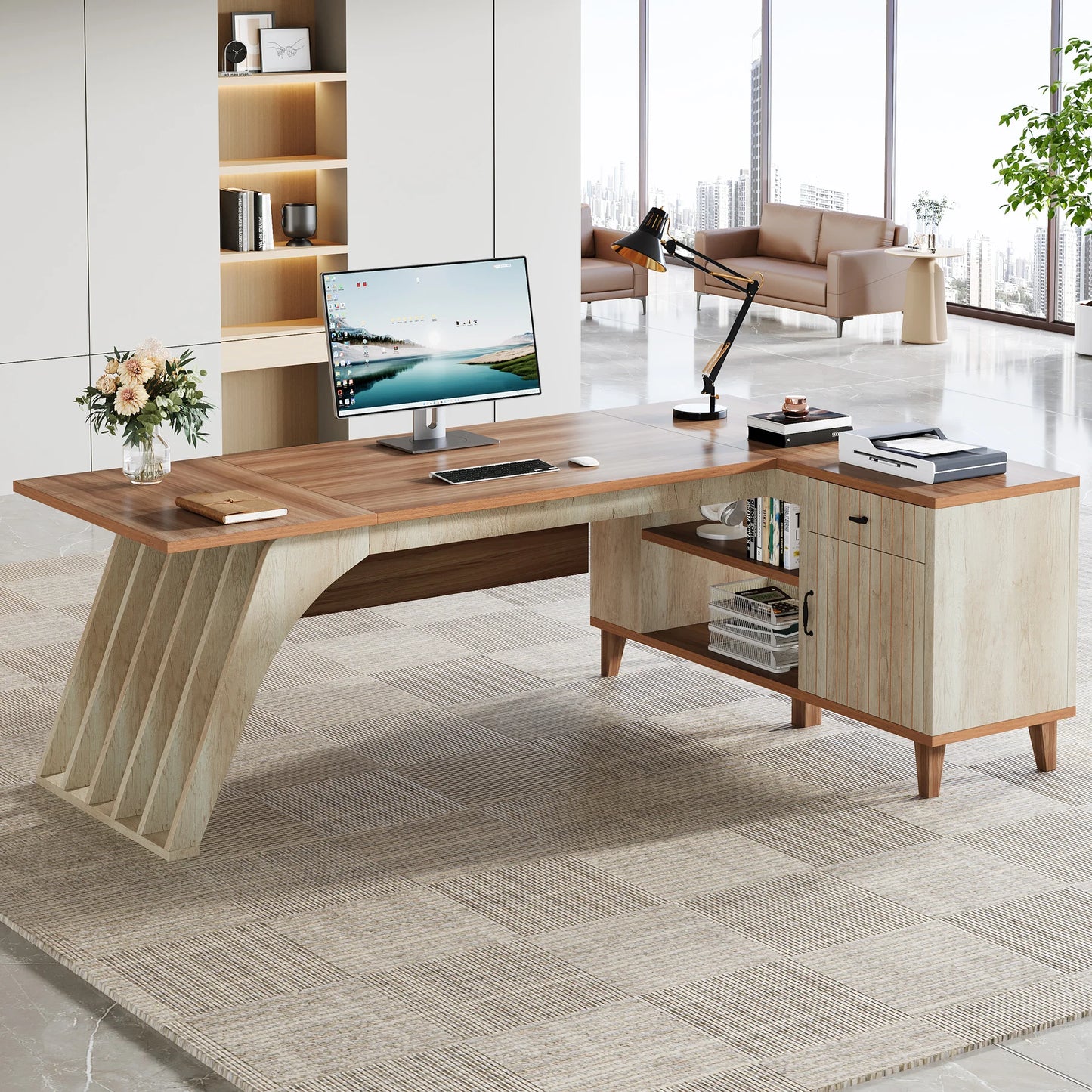 MonoWood 78" Large L-Shaped Executive Desk, Modern Office Desk with Lateral File Cabinet and Drawer, Home Business Desk