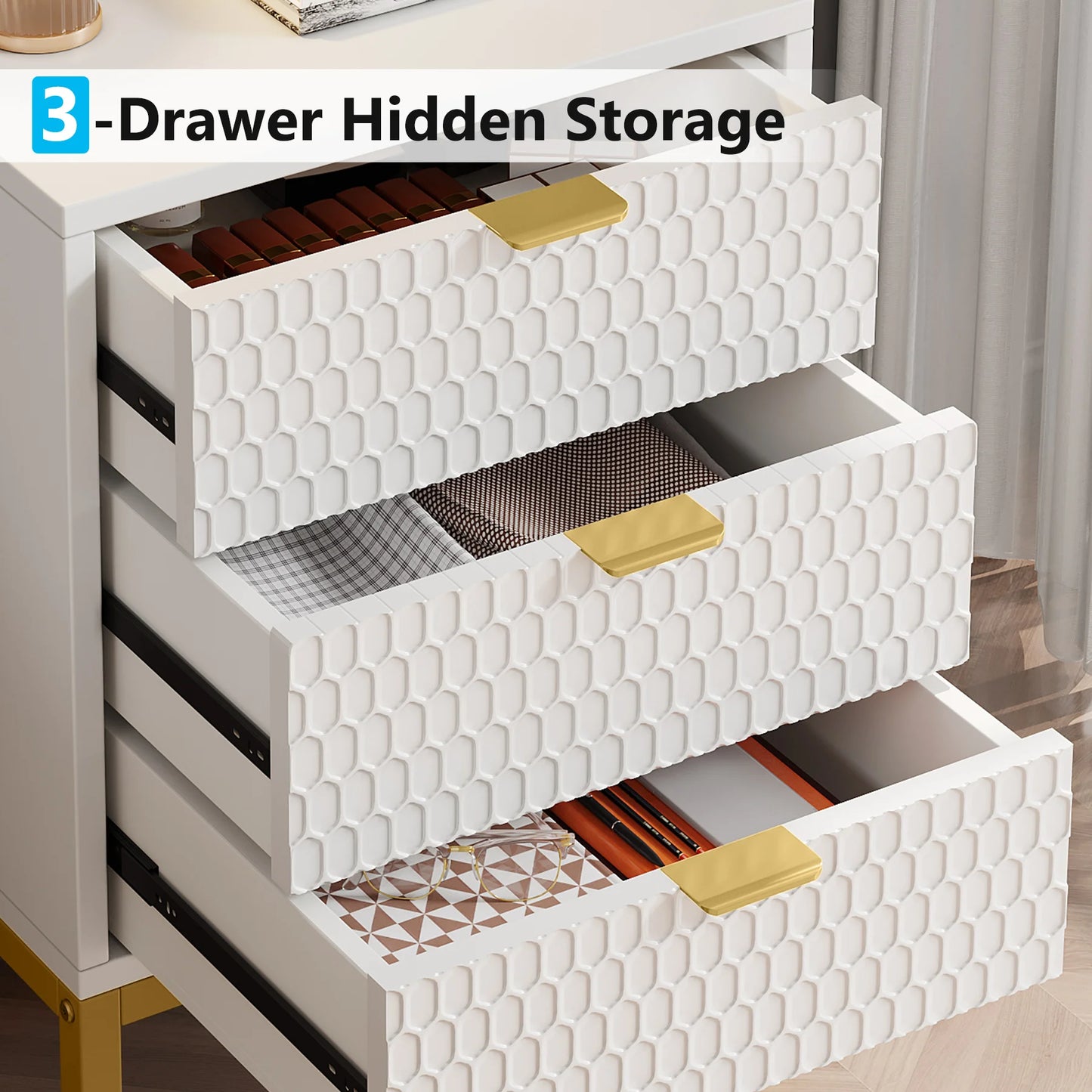 MonoWood Modern Nightstand, 65.5 cm Tall Bedside Table with 3 Drawers, Contemporary End Side Table with Storage