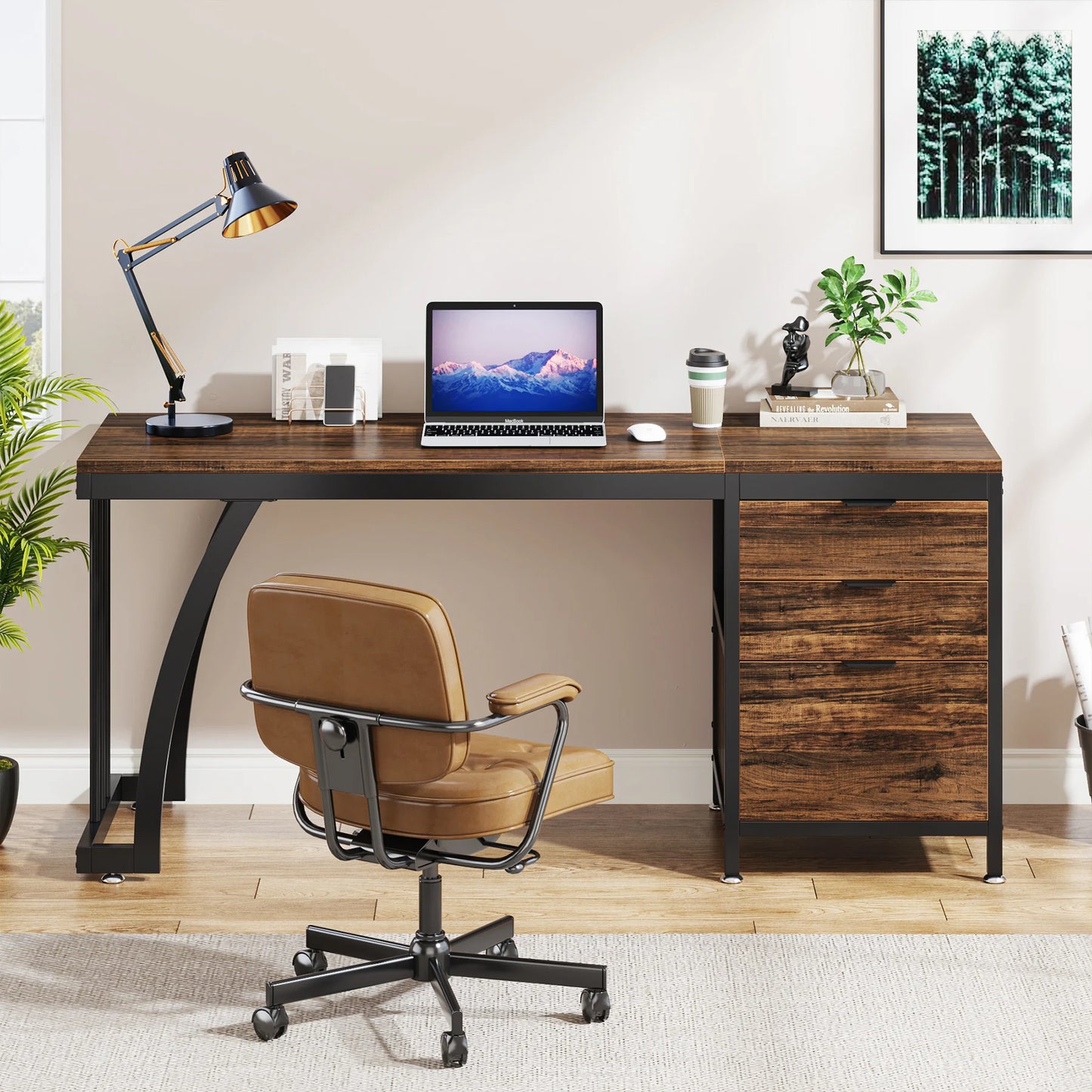 MonoWood Computer Desk with 3 Drawers, 59-Inch PC Desk with Reversible Drawers, Industrial Study Writing Table Workstation