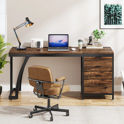 MonoWood Computer Desk with 3 Drawers, 59-Inch PC Desk with Reversible Drawers, Industrial Study Writing Table Workstation
