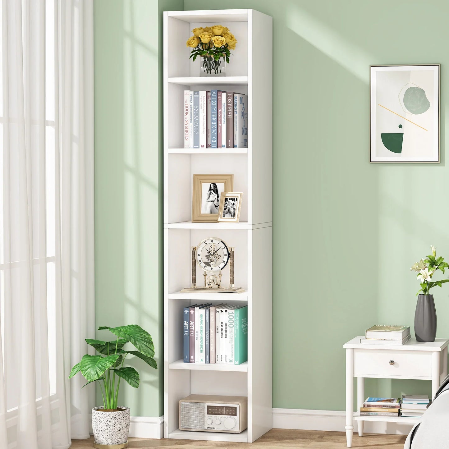 MonoWood 70.9 Inch Tall Narrow Bookcase, Modern White Corner Bookcase with Storage, 6 Tier Cube Display Shelves