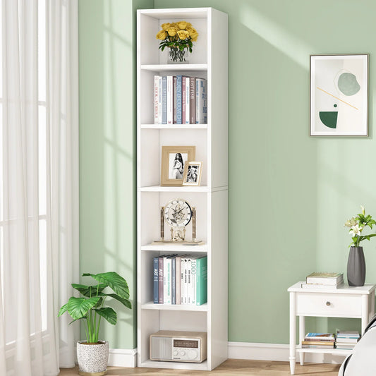 MonoWood 70.9 Inch Tall Narrow Bookcase, Modern White Corner Bookcase with Storage, 6 Tier Cube Display Shelves