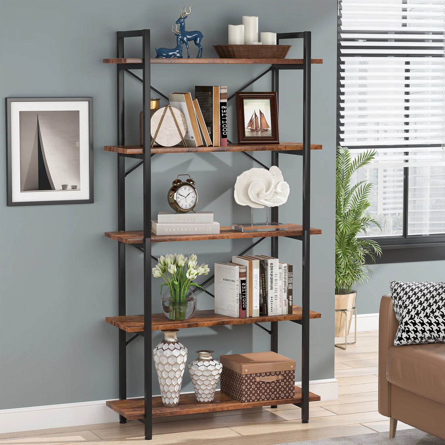 MonoWood 5 Tier Bookshelf, Industrial Etagere Bookcase with Metal Frame, Rustic Tall Book Shelf Unit for Living Room