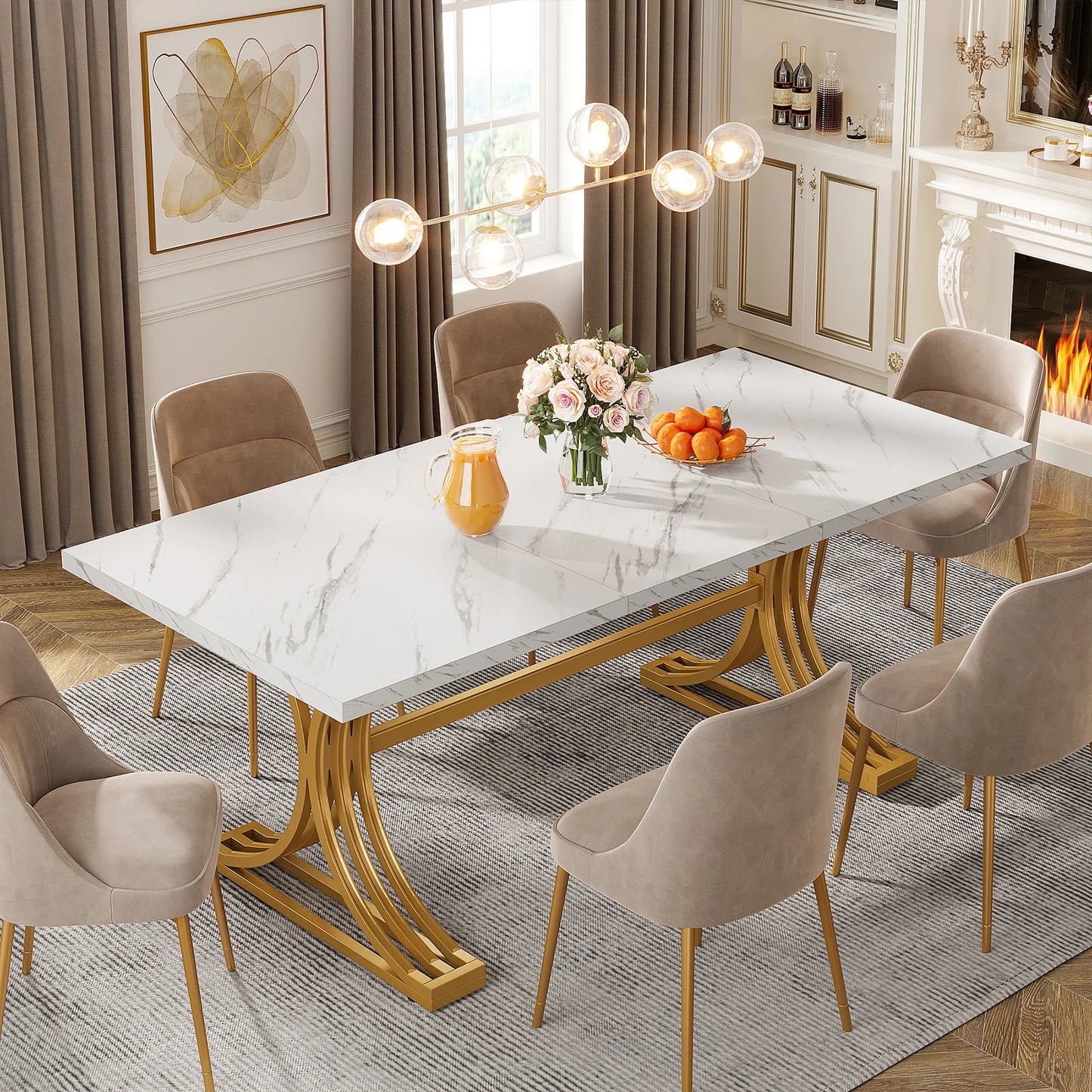 MonoWood 63-Inch Rectangular Dining Table for 4 to 6, Modern Kitchen Table with Faux Marble Table Top, White Dinner Tables