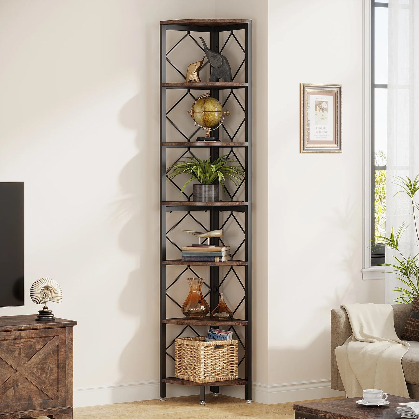 MonoWood 7-Tier Corner Shelf, 78.7” Extra Tall Corner Bookcase, Industrial Slim Corner Bookshelf for Small Narrow Space