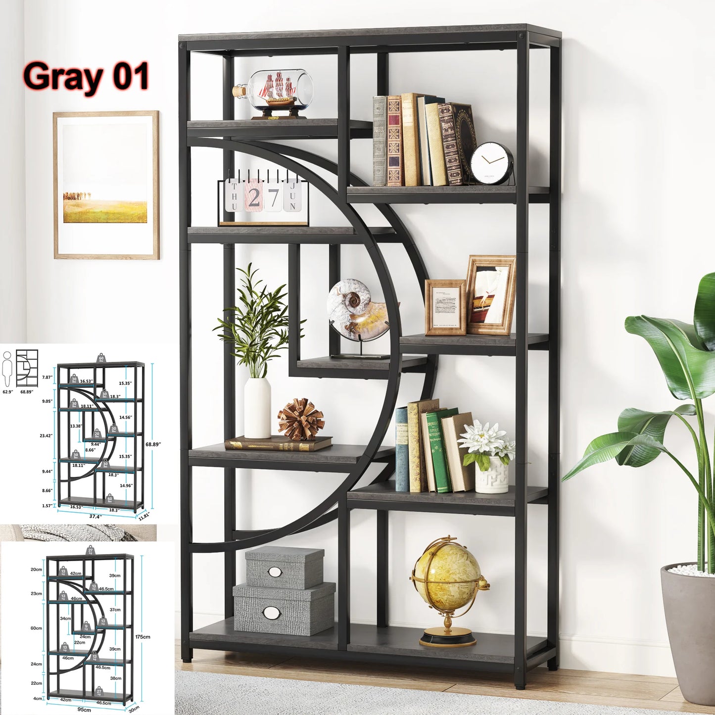 MonoWood Bookshelf Industrial 5 Tier Etagere Bookcase, Freestanding Tall Bookshelves Display Shelf Storage Organizer