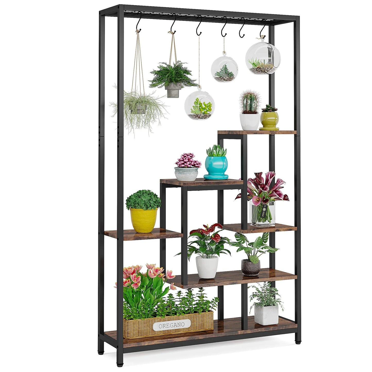 MonoWood 5 Tiers Tall Indoor Plant Stand 70.9 inches Large Metal Plant Shelf with 10 PC S Hanging Hooks for Garden