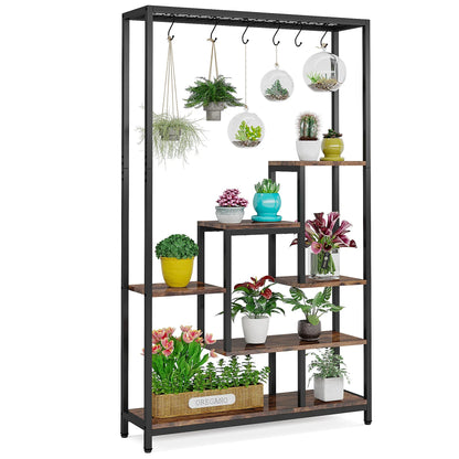 MonoWood 5 Tiers Tall Indoor Plant Stand 70.9 inches Large Metal Plant Shelf with 10 PC S Hanging Hooks for Garden