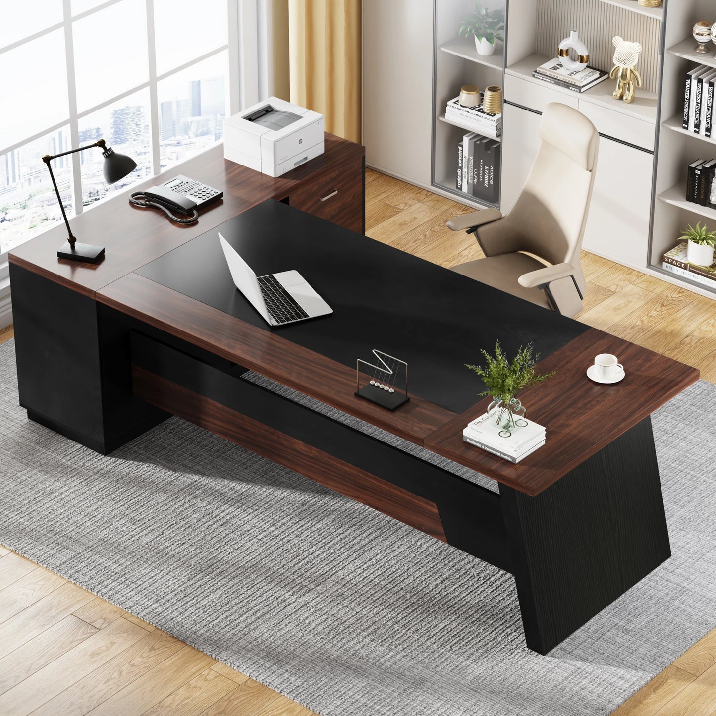 MonoWood 78" L-Shaped Executive Desk, Large Office Desk with Drawers and Lateral File Cabinet, Business Furniture with Storage