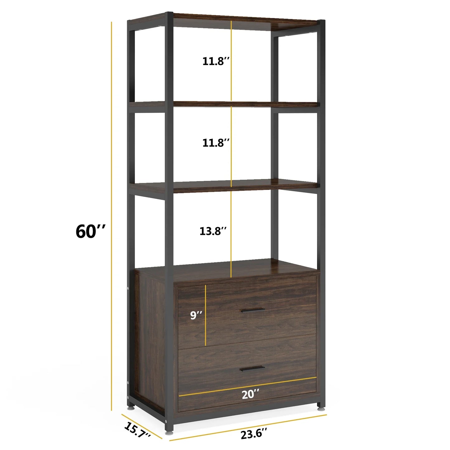 MonoWood Bookcase 4-Tier Rustic Bookshelf with 2 Drawers Etagere Standard Book Shelves Display Shelf