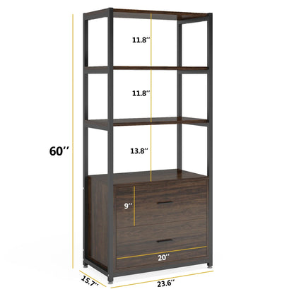MonoWood Bookcase 4-Tier Rustic Bookshelf with 2 Drawers Etagere Standard Book Shelves Display Shelf