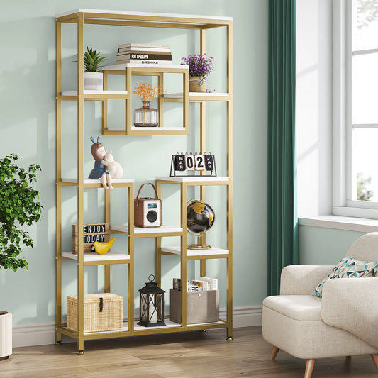 MonoWood Bookcases and Bookshelves, 71” Tall Bookshelf with Metal Frame, Freestanding Geometric Bookcase