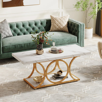 MonoWood Rectangle Coffee Table, 47.24-inch Modern Coffee Tables for Living Room, 2-Tier Faux Marble Wood Coffee Table