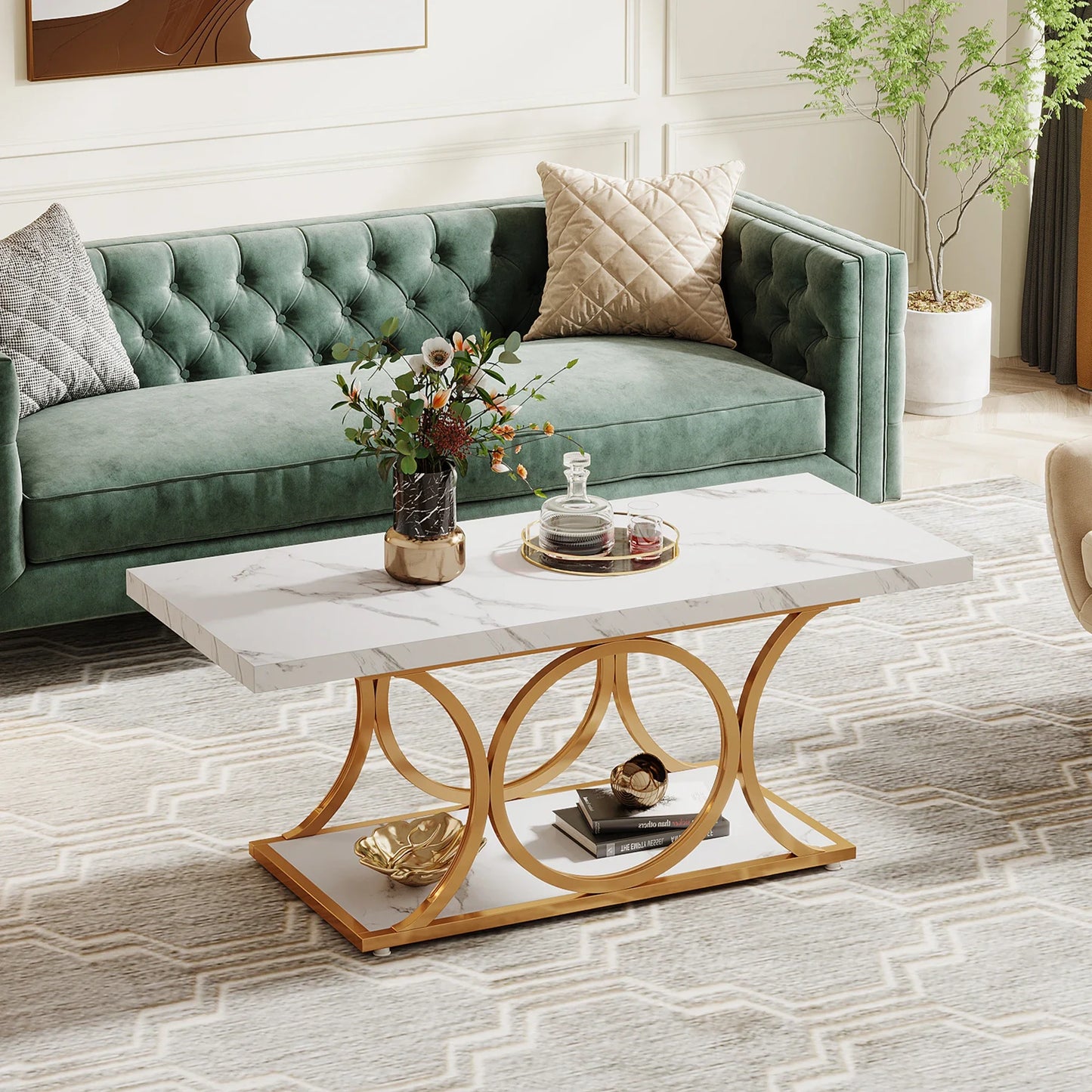 MonoWood Rectangle Coffee Table, 47.24-inch Modern Coffee Tables for Living Room, 2-Tier Faux Marble Wood Coffee Table