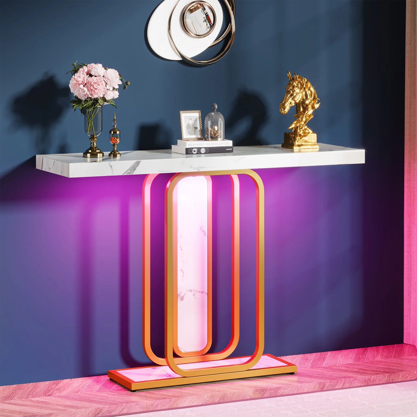 MonoWood Modern Gold White Console Table with LED Lights, Entryway Hallway Foyer Accent Table with Faux Marble Veneer