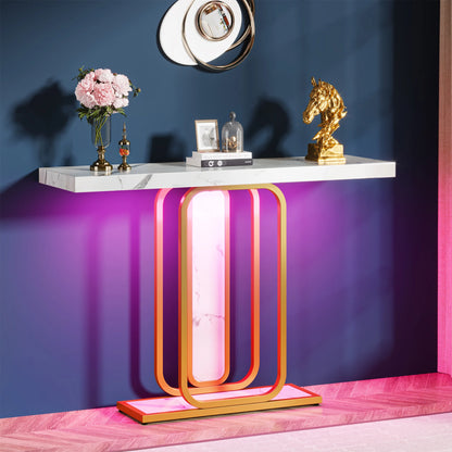 MonoWood Modern Gold White Console Table with LED Lights, Entryway Hallway Foyer Accent Table with Faux Marble Veneer