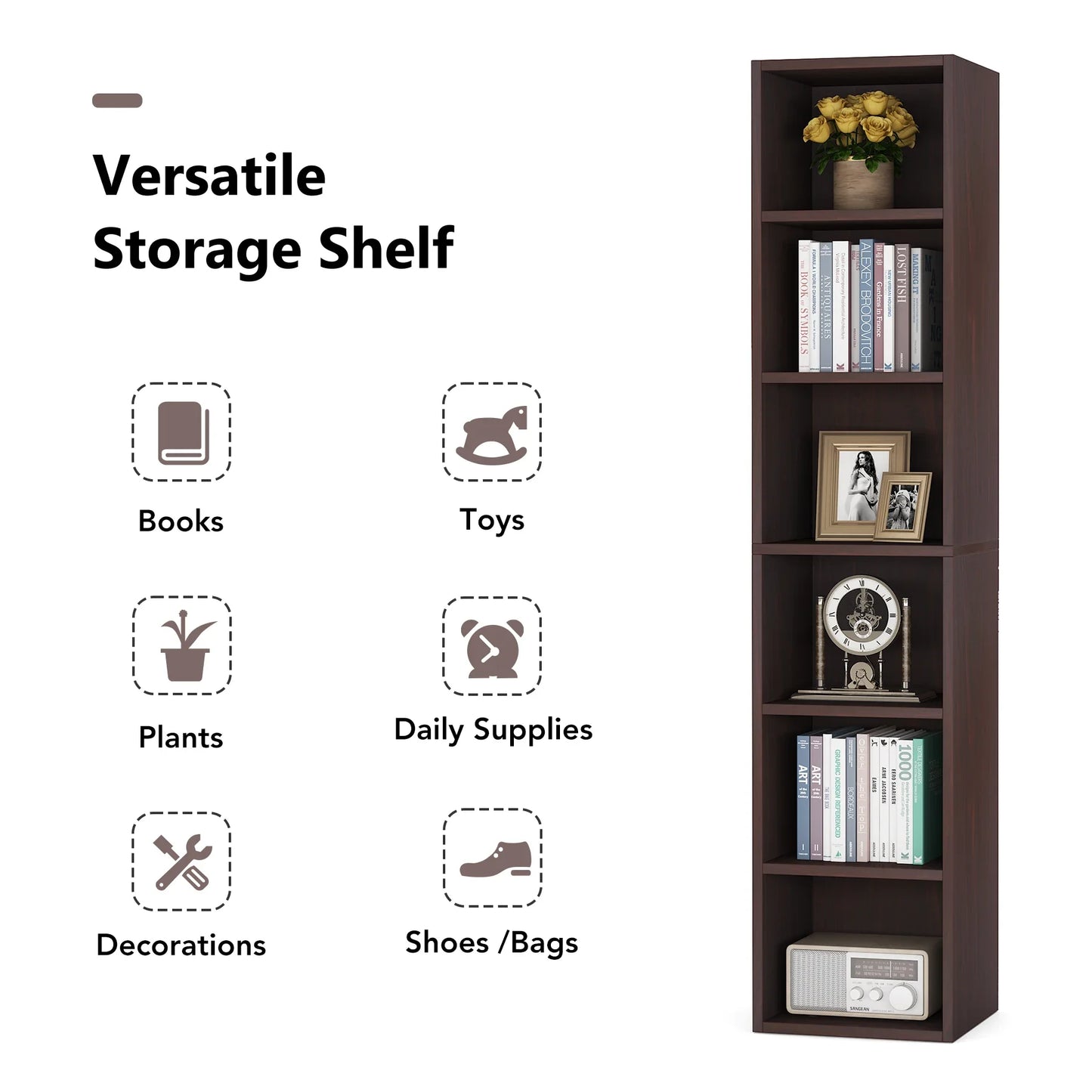 MonoWood 70.9 Inch Tall Narrow Bookcase, Rustic Corner Bookcase with Storage, 6 Tier Cube Display Shelves for Home Office