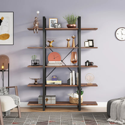 MonoWood 5-Tier Bookshelf, Vintage Industrial Style Bookcase 72 H x 12 W x 47L Inches