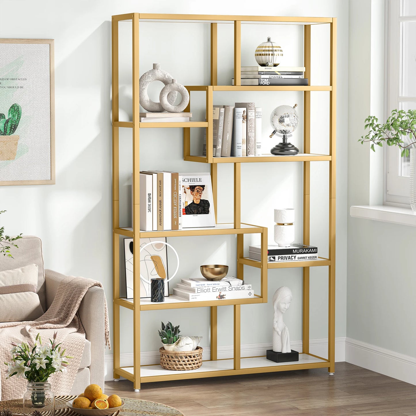 MonoWood Bookshelf 5 Tier Etagere Bookcase, Modern Gold Book Shelf Organizer Display Rack with 8 Open Storage Shelf