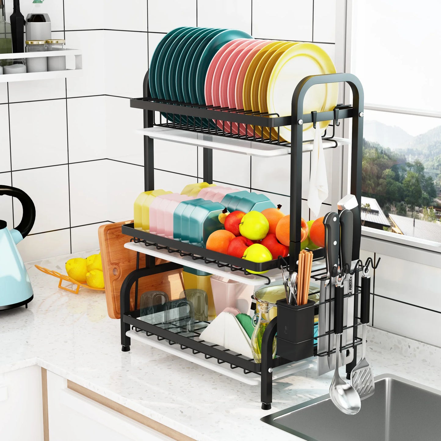 Drying Rack, Metal 3-Tier Large Capacity Dish Rack with Utensil Holder, Cutting Board Holder, Drain Board Tray for Kitchen
