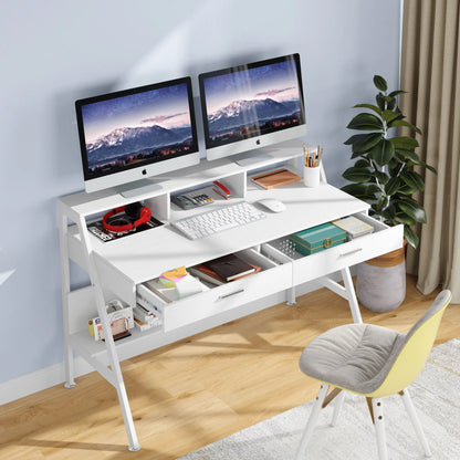MonoWood Computer Desk with Storage Shelf & Drawers, Modern 47 inch Office Writing Desk Study Table with Monitor Stand