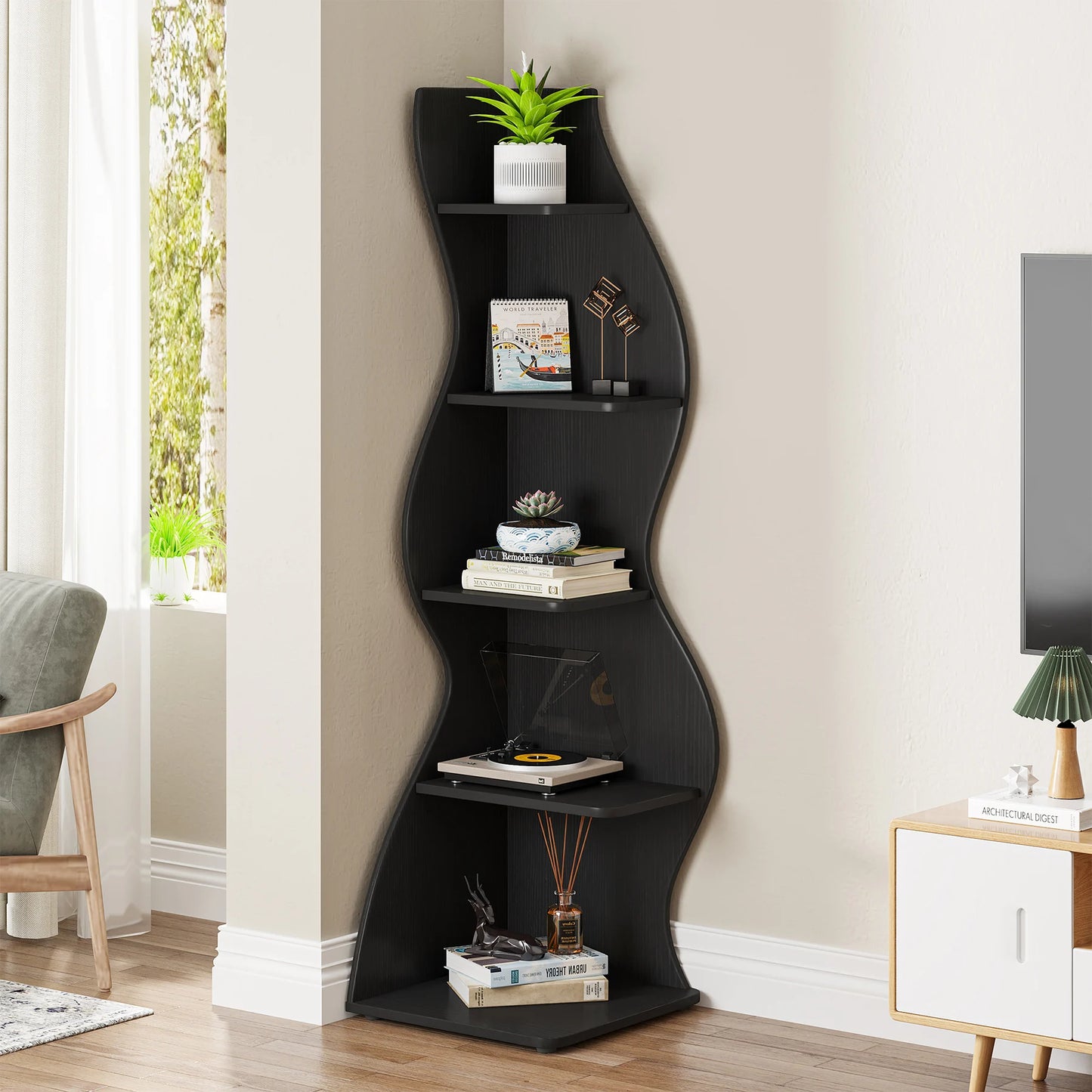 MonoWood 5-Tier Corner Shelf, Modern Wall Corner Bookshelf, Stylish Corner Small Bookcase Storage Rack Plant Stand