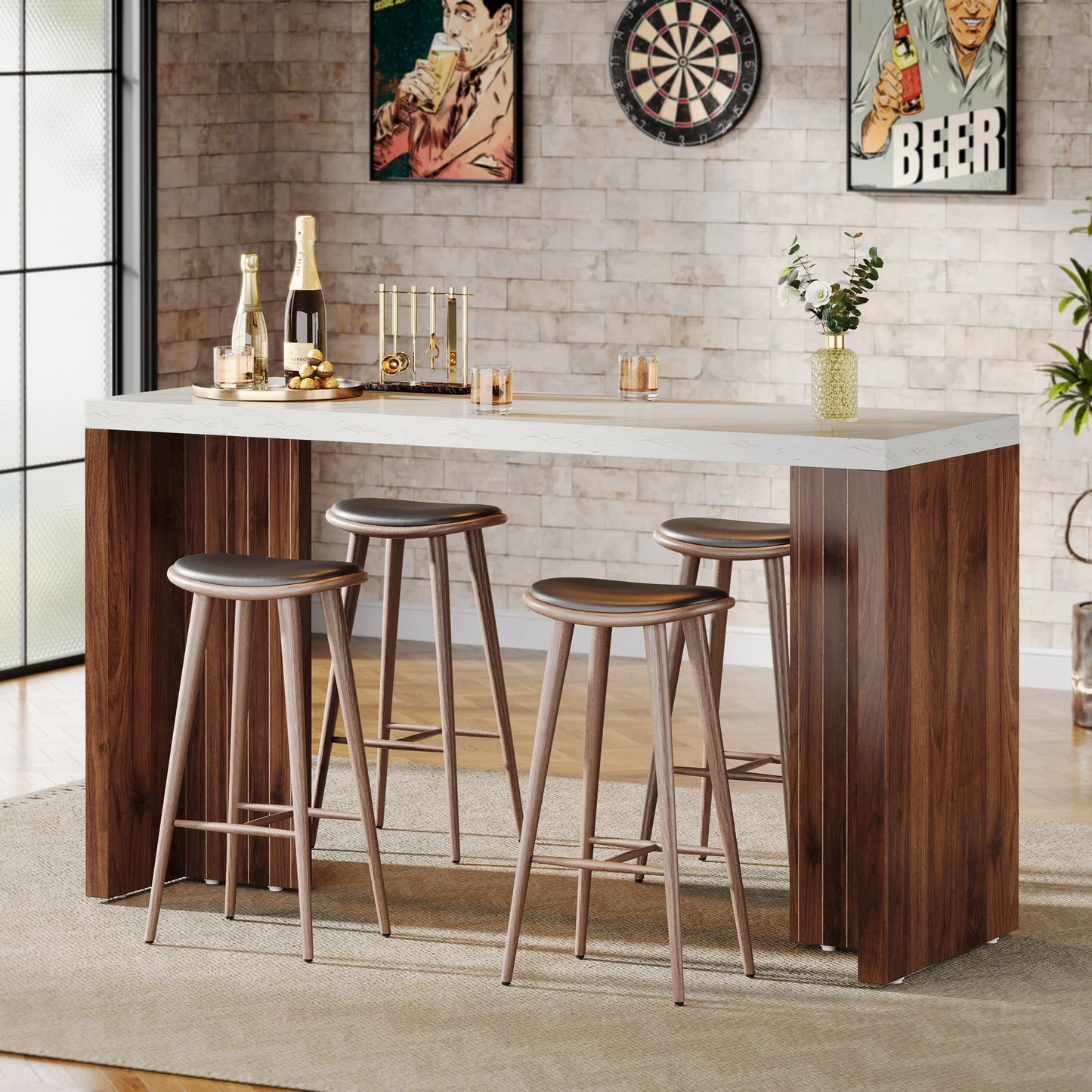 MonoWood Home Bar Unit, 55.12-Inch Bar Table with a Faux Marble Finished Tabletop, Modern Freestanding Mini Bar
