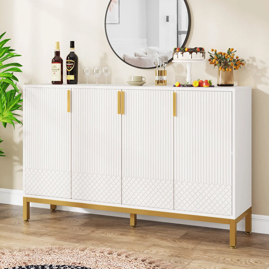 MonoWood Modern Storage Cabinet, 59 Inch Console Cabinet Sideboard Buffet Cabinet with 4 Doors & Gold Metal Base