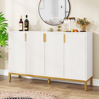 MonoWood Modern Storage Cabinet, 59 Inch Console Cabinet Sideboard Buffet Cabinet with 4 Doors & Gold Metal Base