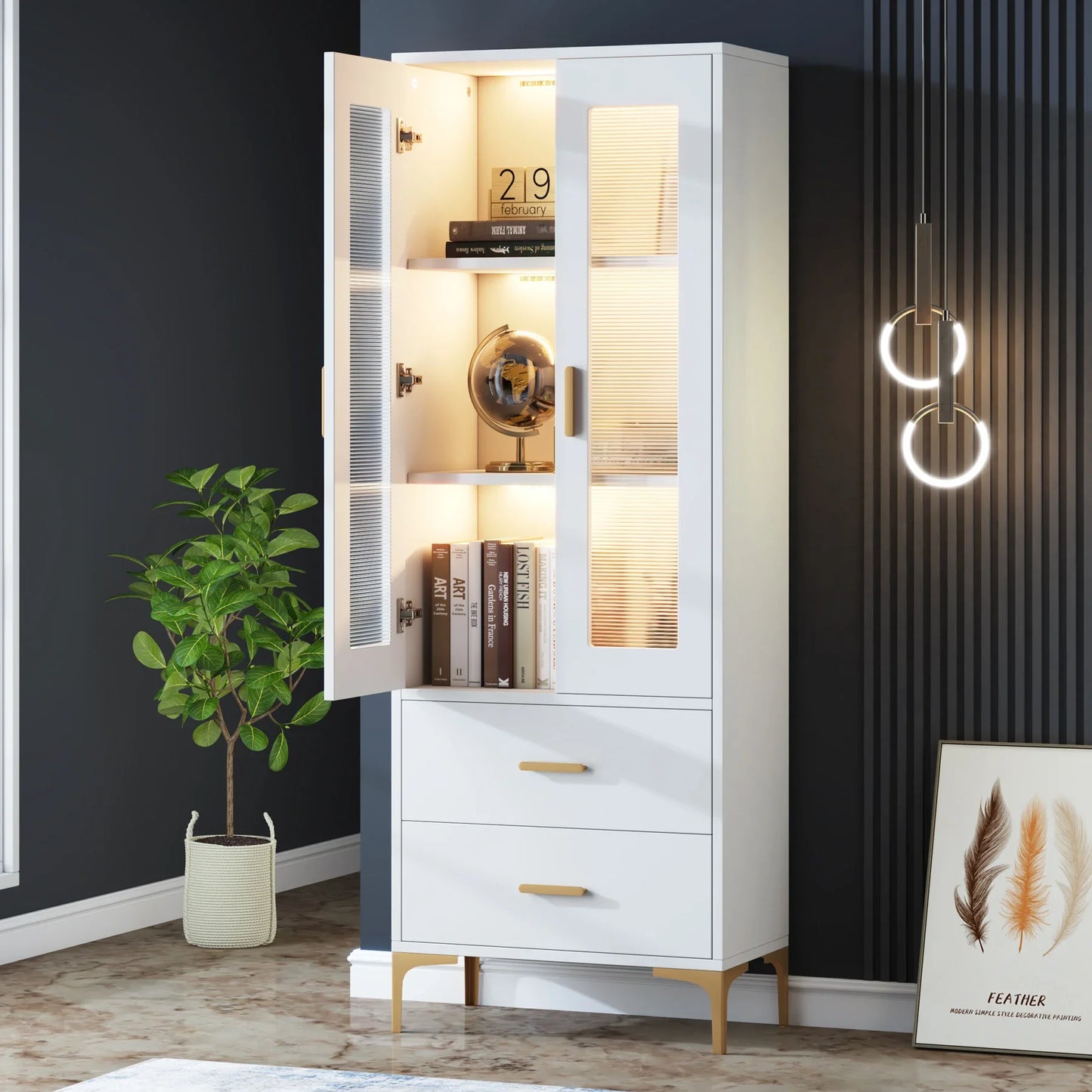 MonoWood Bookcase with LED Light and Doors Bookshelf with Storage Drawers