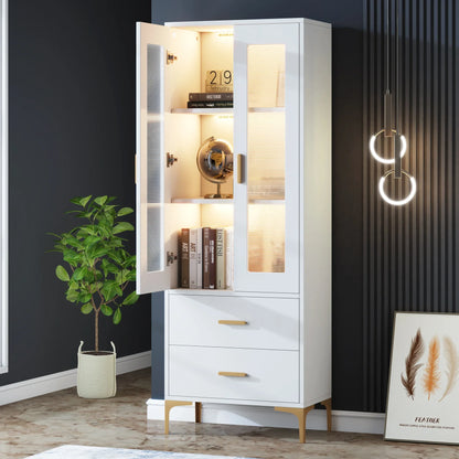 MonoWood Bookcase with LED Light and Doors Bookshelf with Storage Drawers