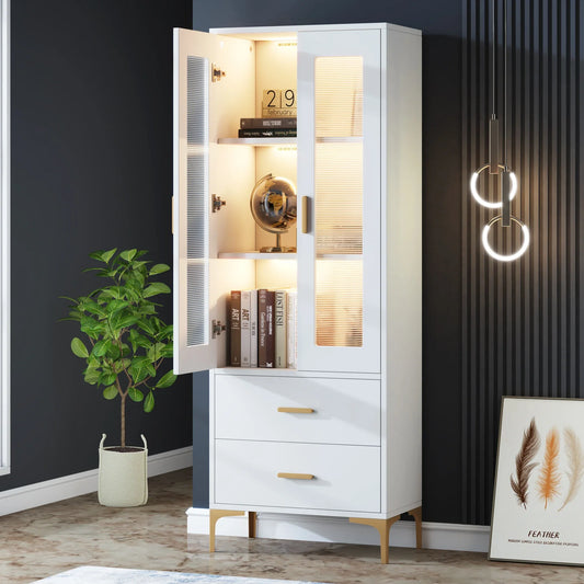 MonoWood Bookcase with LED Light and Doors Bookshelf with Storage Drawers