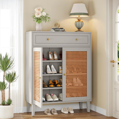 MonoWood Shoe Cabinet with Doors and Drawer, Modern Shoe Storage Cabinet for Entryway, Mint Green Rattan Shoes Cabinet